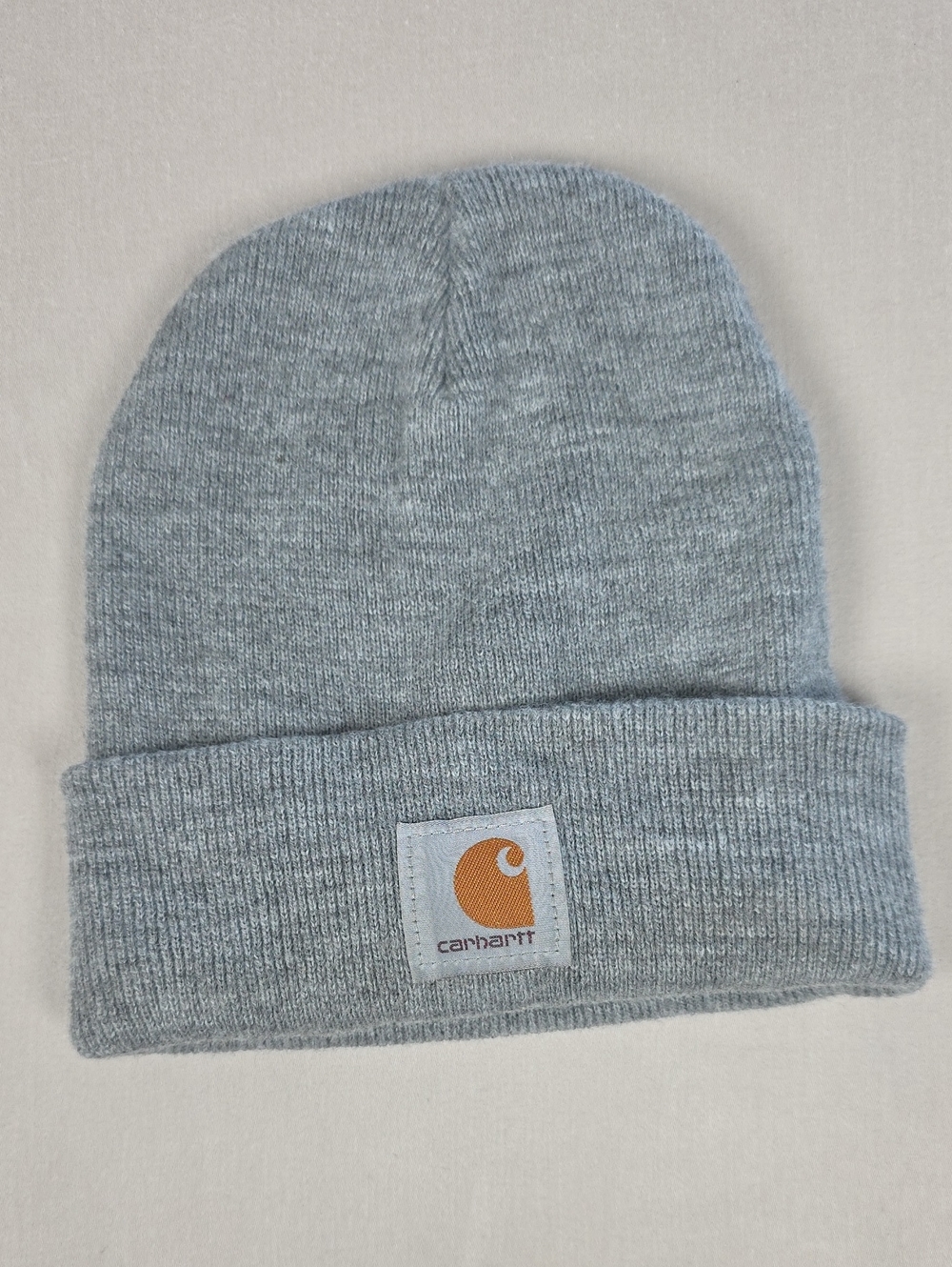 Carhartt Gray Knit Cuffed Beanie with Gold Logo Patch